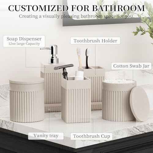 6-Piece Beige Bathroom Set - Sleek Resin Bathroom Accessories Set with Soap Dispenser, Toothbrush Holder, Vanity Tray, Tumbler & Apothecary Jars for Small Spaces - Image 2