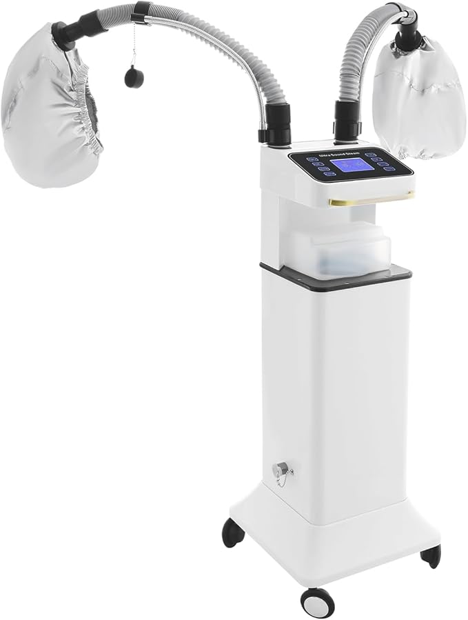 800W Nano Hooded Hair Steamer, Professional Micro Mist Hair Care Steamer with 2 Steam Caps, Salon Hair Deep Conditioning Machine with Adjustable TEM 33.8-167℉ & Timer for Home Salon SPA Use (White)