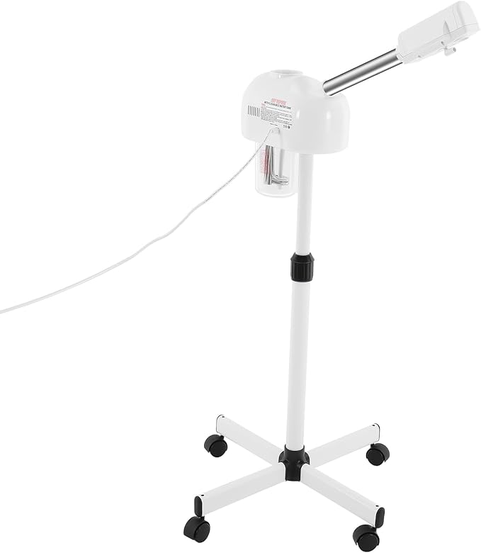 Professional Facial Steamer, Hot Ozone Face Steamer on Wheels for Facial, Adjustable Height, 360° Rotatable Nozzle, Vaporizador Facial Steamer for Esthetician, Height Adjustable, SPA at Home (White)