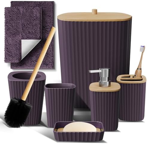 Clara Clark Bathroom Set - Purple Bathroom Accessories Set, 6PC Bathroom Accessory Set, Bathroom Sets with Bathroom Rugs, Toilet Brush, Trash Can & Soap Dispenser by ClaraClark