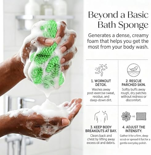 UJFQBH African Net Sponge Authentic 3 Pack, the Gentle Exfoliating Body Scrubber that Unclogs Pores, Reaches Your Back, Dries Fast, and Leaves Skin Smooth Day After Day（Green, Sky Blue, Rose Red） - Image 3