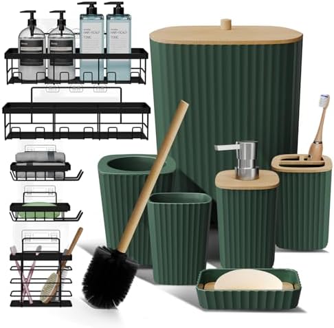 Clara Clark Bathroom Set - Hunter Green Bathroom Accessories Set, 6PC Bathroom Accessory Set, Bathroom Sets with Adhesive Corner Shower Caddy Hanging, Toilet Brush, Trash Can & Soap Dispenser by ClaraClark