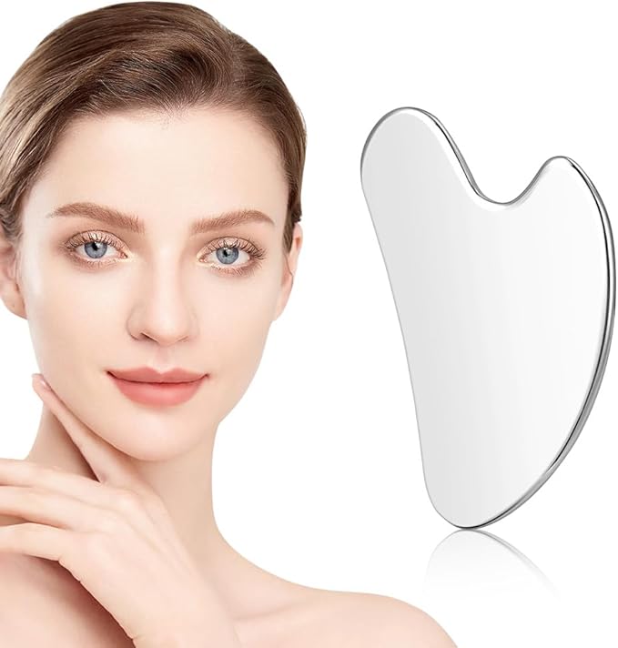 URAQT Stainless Steel Gua Sha Facial Tools Guasha Tools for Face Skin Care Body Gua Sha Tools Tighten Skin Massage Tools for Puffiness Reducing & Jawline Sculpting Face Stone Gua Sha Tools (Silver)