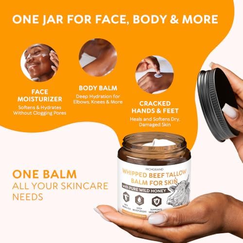 RICHGRAND Beef Tallow for Skin - Whipped Tallow and Honey Balm - Grass Fed Beef Tallow for Face, Daily Moisturizer & Body Butter - Natural Non Comedogenic Skincare - Image 5