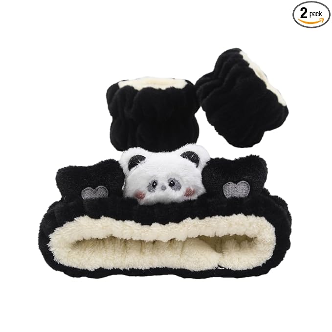 PERFECTSIGHT 2 Pack Cute Animal Headbands for Makeup Wash Shower Adjustable Elastic Hair Band for Girls and Women (Black White Panda)