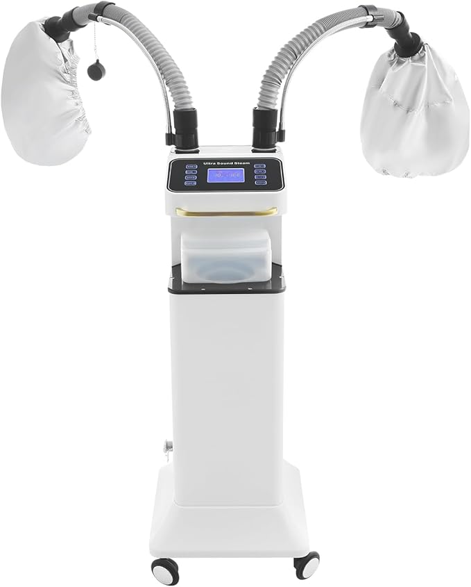 800W Nano Hooded Hair Steamer, Professional Micro Mist Hair Care Steamer with 2 Steam Caps, Salon Hair Deep Conditioning Machine with Adjustable TEM 33.8-167℉ & Timer for Home Salon SPA Use (White)