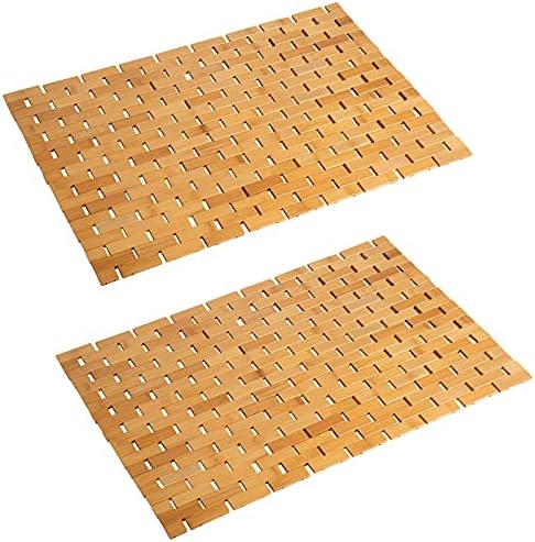 Bambo Bath Mat Bathroom Rugs Floor Wood Shower Bathtub Waterproof Non Slip Natural Accessories 16x24 Inch Easy to Clean, 2 pcs by Fovlaurs