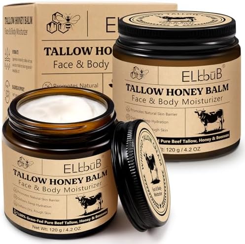 ELBBUB Whipped Tallow Cream for Face & Body - 100% Grass-Fed Beef Tallow, Natural Honey & Beeswax Moisturizer, Deep Hydration & Nourishment, Oil-Free & Unscented, Fast Absorbing by NourishYourSkinNaturally