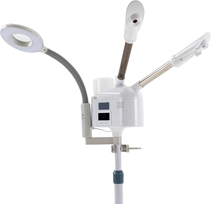 3 in 1 Facial Steamer, Professional Rolling Facial Steamer with 5X LED Magnifying Lamp, Warm Cold Mist Digital LCD Screen Ozone Facial Steamer for Salon Spa Beauty Skin Care