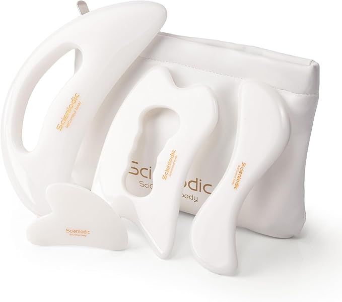 Scienlodic 4 Pcs Gua Sha Massage Tools for Face & Body (White, Resin) - Guasha Scraping Tool for Jawline Contouring, Puffiness Reduction, Neck, Back, Legs & Muscle Relaxation