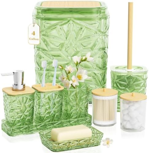 Bathroom Accessory Set, 9-Piece Green Bathroom Set with Trash Can, Toilet Brush, Soap Dispenser, Soap Dish, Toothbrush Holder, Tumbler, Q-tip Holders & Tray, for Hotel/Apartment, Housewarming Gift by Unknown