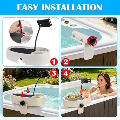 Hot Tub Table Tray with Adjustable Phone Holder, Nonslip Bathtub Table Tray Between 2.4-7.4" Hot Tub Accessories for Adults with 2 Cup Holders, Clip-on Pool Side Table for Above Ground Bathtub (Beige) - Image 6