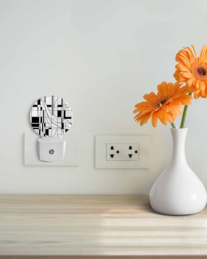 Night Lights Auto Sensor White Lines Night Light Modern Abstract Art Round Lamp Plug-in LED Nightlights Dusk to Dawn for Living Room Bedroom Bathroom Hallway Wall Decor