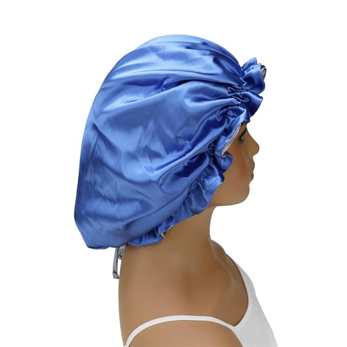 Adjustable Silk Satin Bonnet Hair Care Caps for Women Girls Loose-fitting Reversible Sleeping Cap Shower Caps Hair Wrap Bonnets (006 Royal/Silver)
