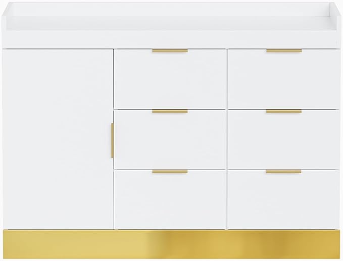 OmySalon Salon Station for Stylists, Free Standing Barber Vanity with 6 Drawers, 1 Cabinet & Adjustable Shelves, Large Storage Hair Beauty Furniture for Barbershop, White Gold