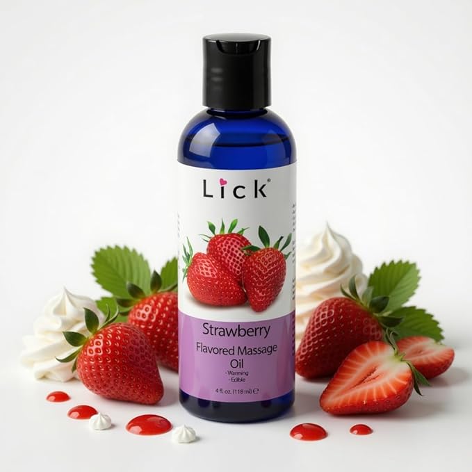 Lick Strawberry Flavored Massage Oil with Natural Vitamin E - Aromatherapy & Moisturizing Body Oil for Relaxing Muscle Massage - Essential Non-Sticky Skin Therapy for Men and Women - 4 oz