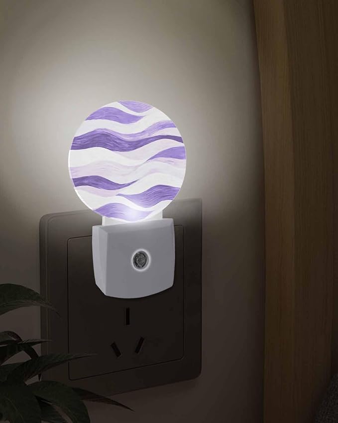 Night Lights Auto Sensor Lavender Purple Ocean Waves Night Light Abstract Mountain Stripes Round Lamp Plug-in LED Nightlights Dusk to Dawn for Living Room Bedroom Bathroom Hallway Wall Decor