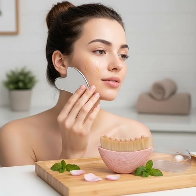 Lymphatic Contour Face Brush with Stainless Steel Gua Sha Tool - Lymphatic Face Brushes with GuaSha Tool | Gua Sha Facial Tools | Lymphatic Drainage Massager Face Brush for Sculpting