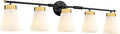 Bathroom Wall Sconces, HWH 5-Light Wall Mount Lighting Fixtures for Mirror, Modern Vanity Lights with Frosted Milk White Striped Glass, Black and Gold Finish, 5HZG97B-5W BK+BG