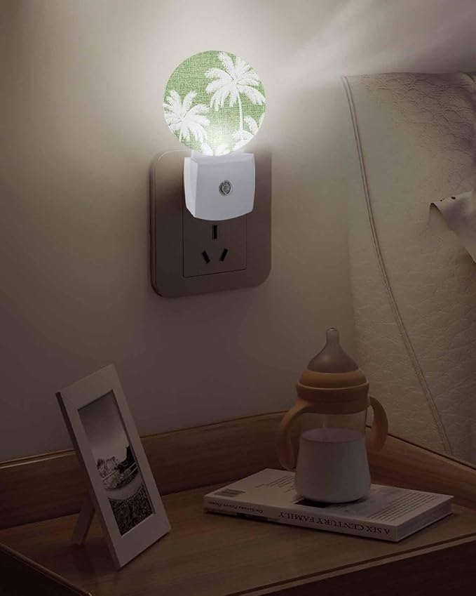Night Lights Auto Sensor Tropical Palm Trees Night Light Green Linen Coastal Round Lamp Plug-in LED Nightlights Dusk to Dawn for Living Room Bedroom Bathroom Hallway Wall Decor