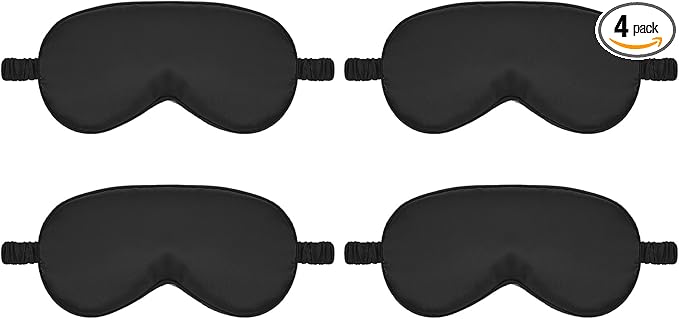 Silk Sleep Eye Mask 4 Pack Mulberry Silk Sleep Mask Eye Cover Blindfold with Elastic Strap Cute Satin Soft Eyeshade Masks for Women Night Sleeping Travel Nap (Black)