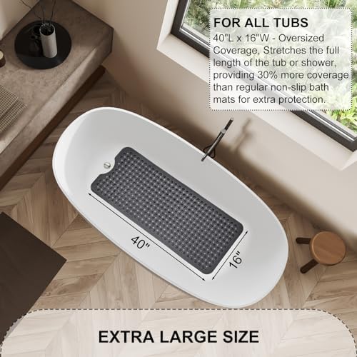 TEESHLY Bath Tub and Shower Mats, Non Slip 40 x 16 Inch Extra Large Bathtub Mat, Machine Washable Bathmat with Drain Holes, Suction Cups for Bathroom Floor, Clear Black - Image 5