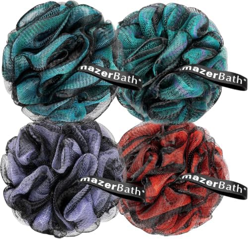 AmazerBath Charcoal Loofah Sponge, Shower Loofah 60g/PCS - Body Scrubber Loofa Set of 4 - Charcoal Blue, Green, Purple & Red, Bath Sponge for Men and Women (Pack of 3) by AmazerBath