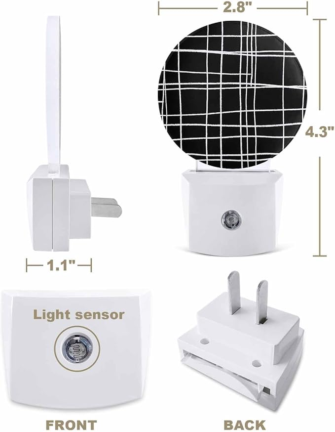 Night Lights Auto Sensor Black Checked Plaid Night Light Minimalist Grid Lines Round Lamp Plug-in LED Nightlights Dusk to Dawn for Living Room Bedroom Bathroom Hallway Wall Decor