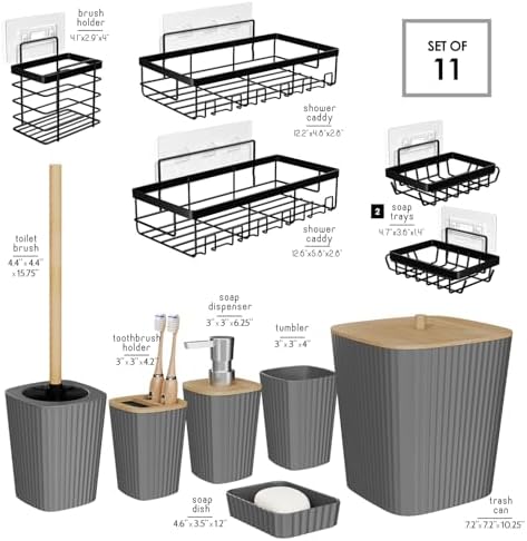 Clara Clark Bathroom Set - Grey Bathroom Accessories Set, 6PC Bathroom Accessory Set, Bathroom Sets with Adhesive Corner Shower Caddy Hanging, Toilet Brush, Trash Can & Soap Dispenser - Image 2