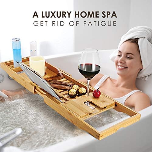 Moclever Bathtub Caddy Trays - Premium Bamboo Bath Trays with Extending Sides, Reading Rack, Tablet Holder, Cell Phone Tray and Luxury Wine Glass Holder - Natural Bamboo Color - Image 4