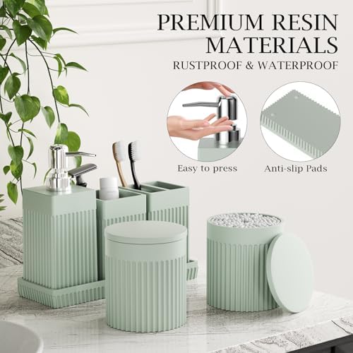 Bathroom Accessories Set, 6-Piece Resin Green Bathroom Set with Toothbrush Holders, Soap Dispenser, Vanity Tray, Tumbler, Cotton Swab Jars, Modern Bathroom Organizer for Small Spaces - Image 4