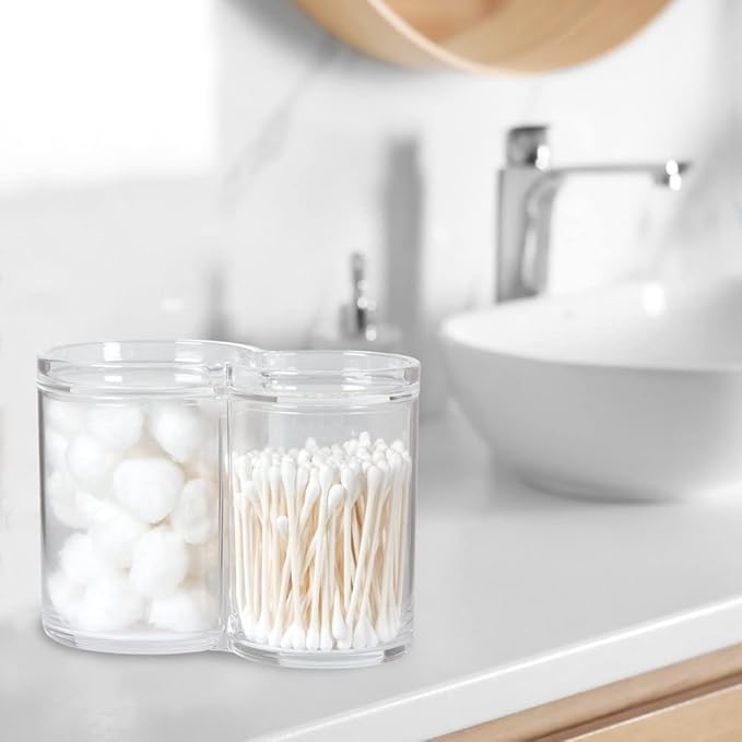 ForPro Clear Acrylic 2-Compartment Apothecary Jar with Lid, Shatterproof Qtip Holder & Cotton Ball Organizer, 28 Oz + 20 Oz Bathroom Vanity Canister for Kitchen, Office Decor, 6.25" x 3.7" x 4.6