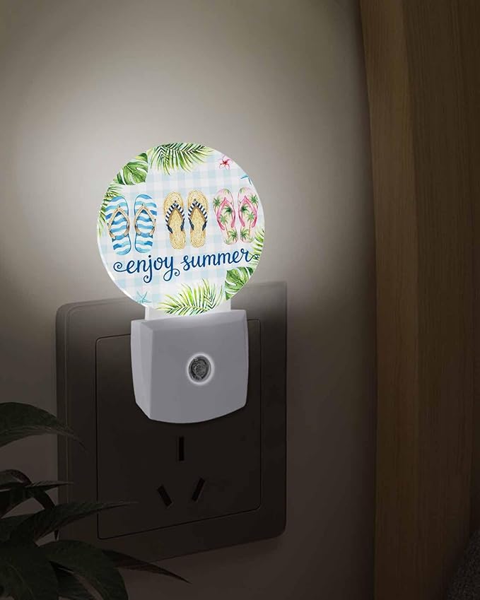 Night Lights Auto Sensor Flip Flops Night Light Enjoy Summer Green Palm Leaves Blue Plaid Round Lamp Plug-in LED Nightlights Dusk to Dawn for Living Room Bedroom Bathroom Hallway Wall Decor