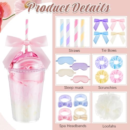 Nitial 56 Pcs Spa Party Supplies Including Spa Headband Sleep Eye Mask Velvet Scrunchies Bath Loofah Sponges Plastic Cup with Lids Straws for Sleepover Slumber Party Gift (Pink Purple Blue Yellow) - Image 3