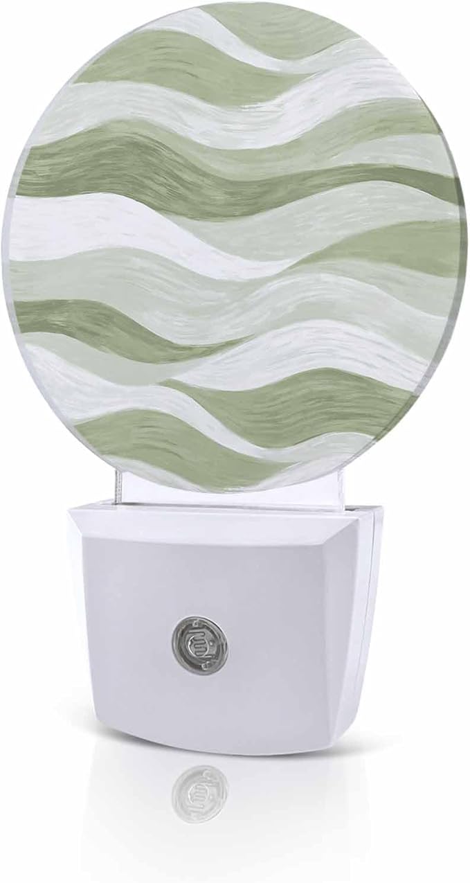 Night Lights Auto Sensor Sage Green Ocean Waves Night Light Abstract Mountain Stripes Round Lamp Plug-in LED Nightlights Dusk to Dawn for Living Room Bedroom Bathroom Hallway Wall Decor