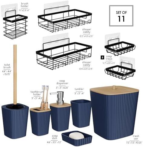 Clara Clark Bathroom Set - Navy Blue Bathroom Accessories Set, 6PC Bathroom Accessory Set, Bathroom Sets with Adhesive Corner Shower Caddy Hanging, Toilet Brush, Trash Can & Soap Dispenser - Image 2