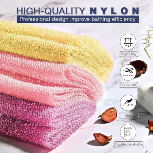 UJFQBH 3 Piece Bright Style African exfoliating net Exfoliating Shower Set Long Bath Sponges for Smooth, Refreshed Skin, The Exterior Gleams - Ideal for Daily Use (Bright Yellow, Pink, Purple) - Image 4