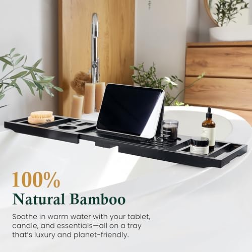 Black Bamboo Adjustable Bathtub Caddy Tray 28.5-40 Inch - Image 5