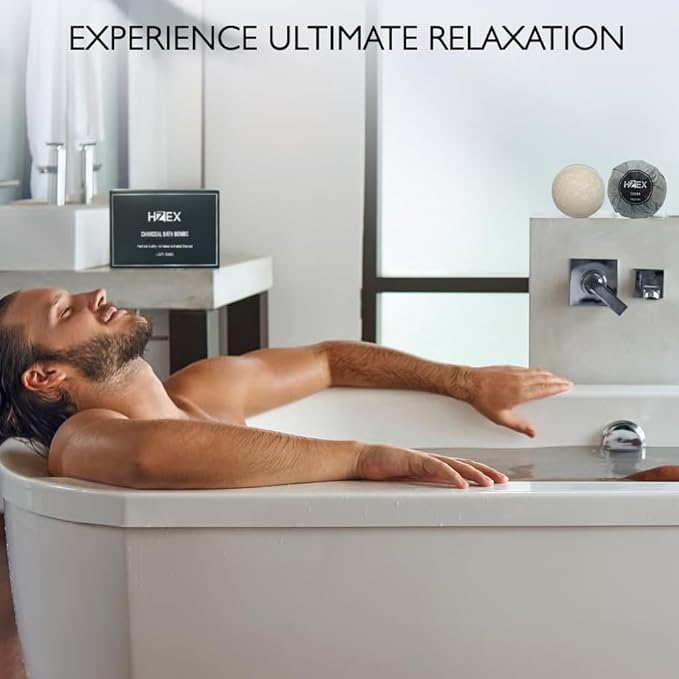 HZEX Charcoal Activated Bath Bombs for Men – Detox with Handmade Organic 6 Pack Bath Bomb Set, up to 3 Scents (Sandalwood, Bergamot, Ocean), Individually Wrapped (Ocean)