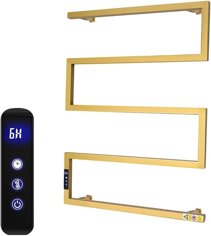 Towel Warmer Rack for Bathroom with Timer/Fahrenheit Temperature Control Wall Mounted Electric Heated 5 Bar Rail Plug-in or Hardwired Keep Bath Shower Towel Warming (Brushed Gold)