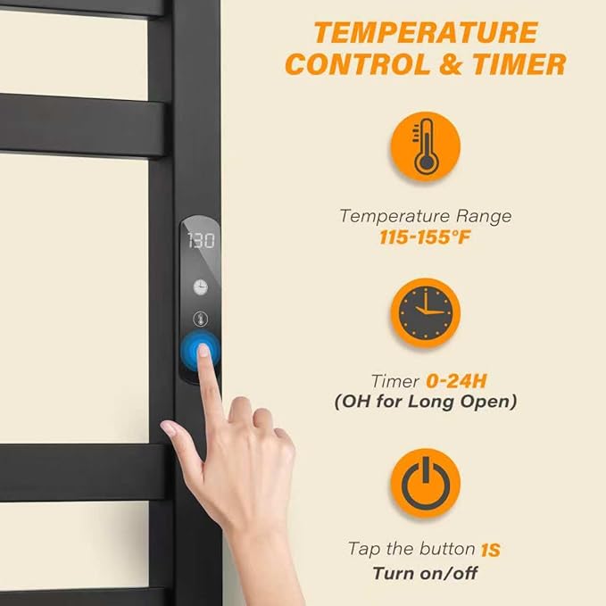 9-Bar Towel Warmer, Wall-Mounted Electric Heated Rack for Bathroom, 24-Hour Timer Smart Switch, 304 Stainless Steel Heated Towel Holder, Hard Wired an Plug in Electric Heated Dryer