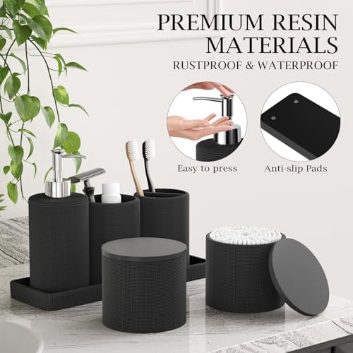 6-Piece Black Bathroom Set - Mesh Textured Resin Bathroom Accessories Set with Soap Dispenser, Toothbrush Holder, Cup, Vanity Tray & Apothecary Jars for Small Spaces - Image 4
