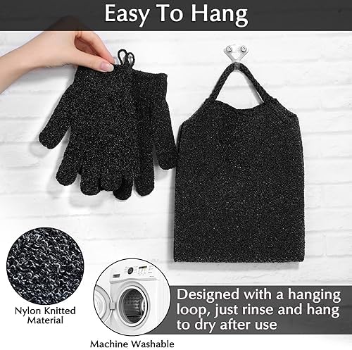 Anezus Exfoliating Back Scrubber Bath Gloves Set, Exfoliating Shower Towel with Shower Gloves for Body Scrub, Back Cleaner Wash Gloves to Remove Dead Skin (Black) - Image 5