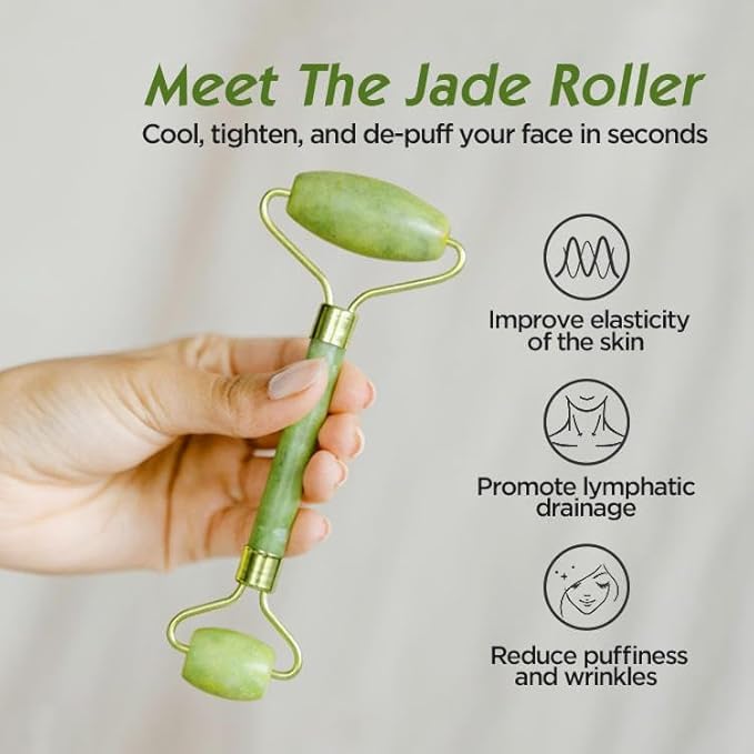 Jade Roller & Gua Sha Set – 100% Natural Jade Stone Face Massager | Cooling Facial Tool for Skin Tightening, Anti-Aging, Puffiness & Lymphatic Drainage | Skincare Gift for Women