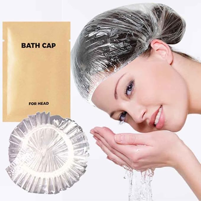 50PCS Portable Individually Wrapped Disposable Shower Caps, Plastic Waterproof Elastic Pocket Hair Bath Caps,Multipurpose Travel Shower Caps, Perfect for Hair Treatment, Salon, Spa, Hotel,Home,Travel