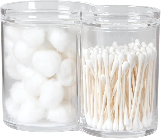ForPro Clear Acrylic 2-Compartment Apothecary Jar with Lid, Shatterproof Qtip Holder & Cotton Ball Organizer, 28 Oz + 20 Oz Bathroom Vanity Canister for Kitchen, Office Decor, 6.25" x 3.7" x 4.6