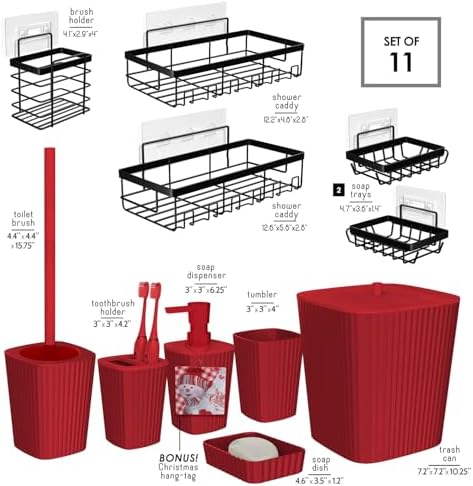 Clara Clark Bathroom Set - Christmas Bathroom Accessories Set, 11PC Bathroom Accessory Set, Christmas Bathroom Sets with Adhesive Corner Shower Caddy Hanging, Toilet Brush, Trash Can & Soap Dispenser - Image 4