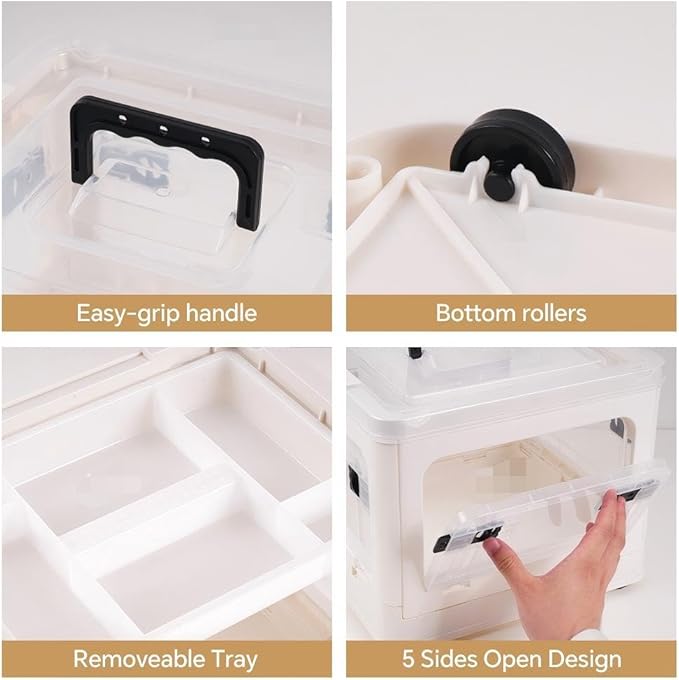 HEY FOLY 22qt Medicine Organizer Storage Box with 4-Side Opening Doors, White Foldable Medication Organizer Empty, Container Case Stackable First Aid Box for Home Storage