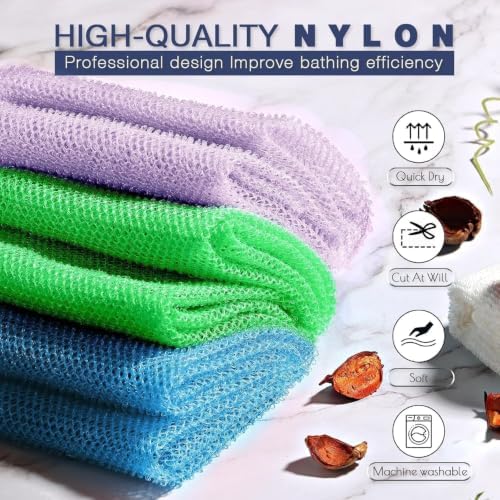 UJFQBH 3 Pieces African exfoliating net African Net Long Net Bath Sponge Exfoliating Shower Body Scrubber Back Scrubber Skin Smoother,Great for Daily Use (Purple, Blue, Green) - Image 4