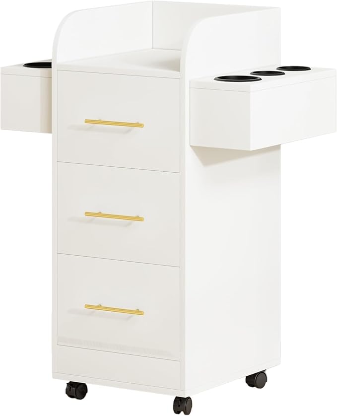4ever2buy Rolling Salon Station for Hair Stylist, Salon Trolley Cart with with Wheels, Hair Stylist Beauty Barber Station, 6 Hair Dryer Holders & 3 Drawers, White and Gold